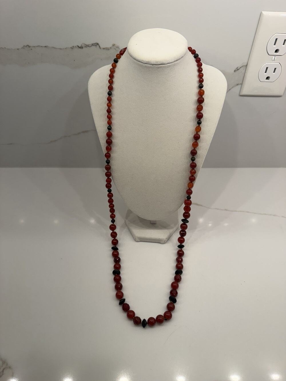 Coldwater Creek Red Orange Beaded Necklace Long Opera Knotted Statement 34”